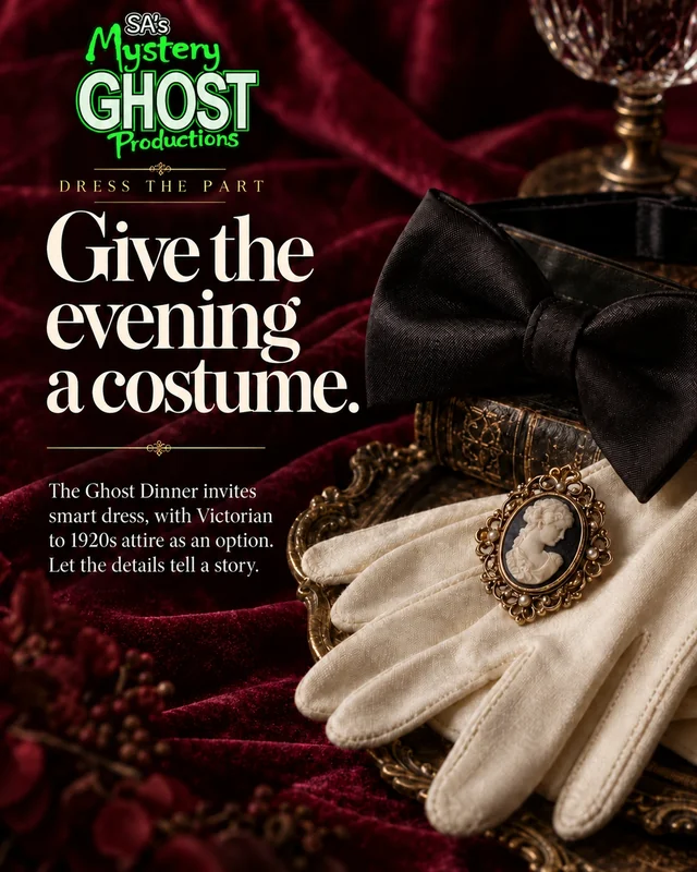 Promotional still-life illustration of period dress accessories. Give the evening a costume.