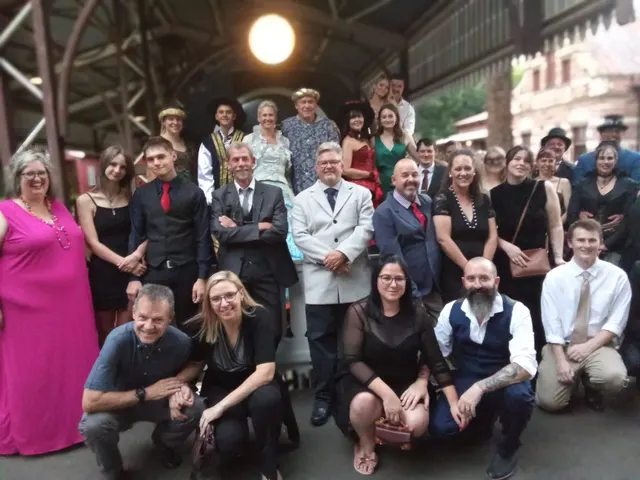 Dinner guests dressed for the occasion in a covered courtyard