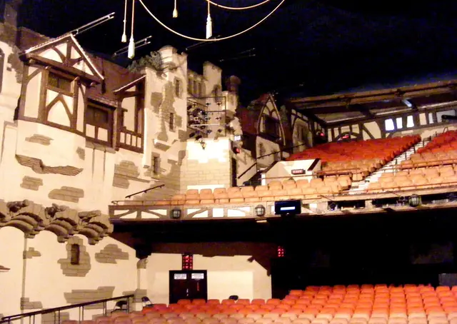 Historic theatre interior with timbered façades and rows of seats