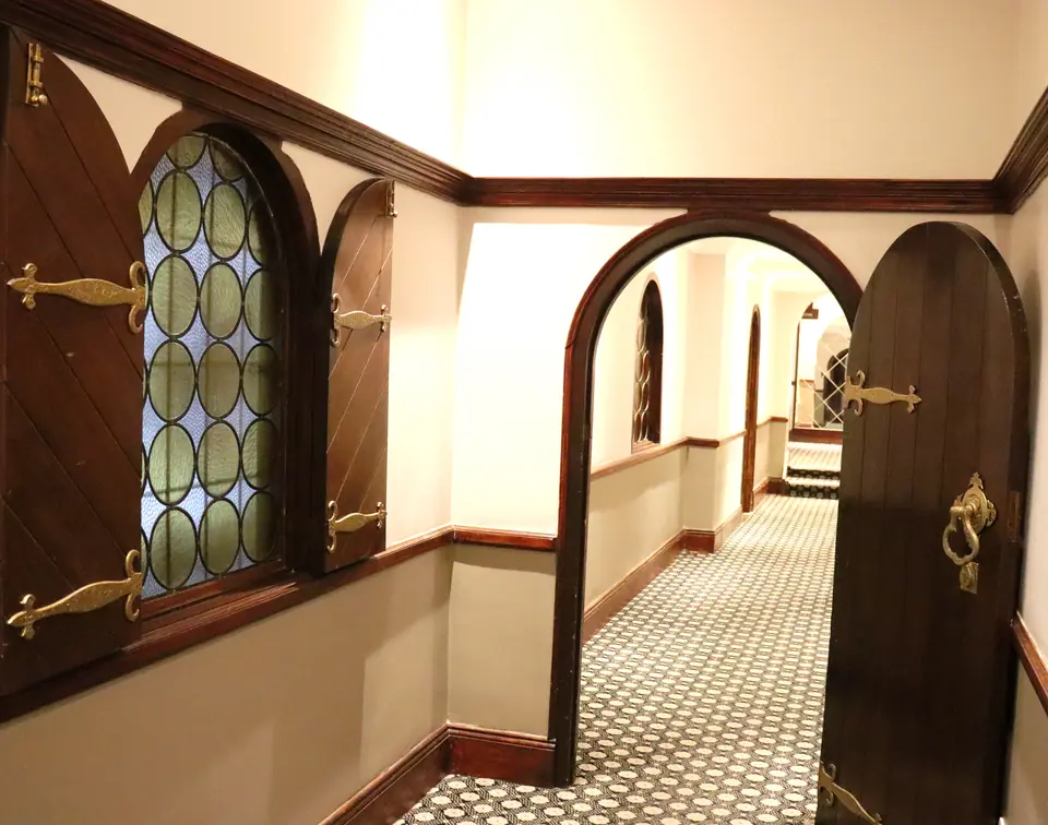 The historic hotel’s Tudor-style corridor