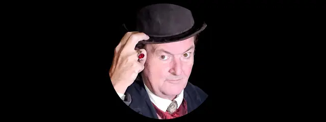 Original portrait of Mark Rose-Christie tipping his top hat on a black background