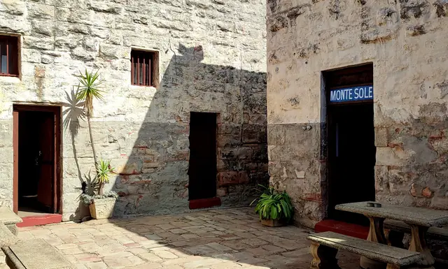 Sunlit stone courtyard with doors, plants and benches